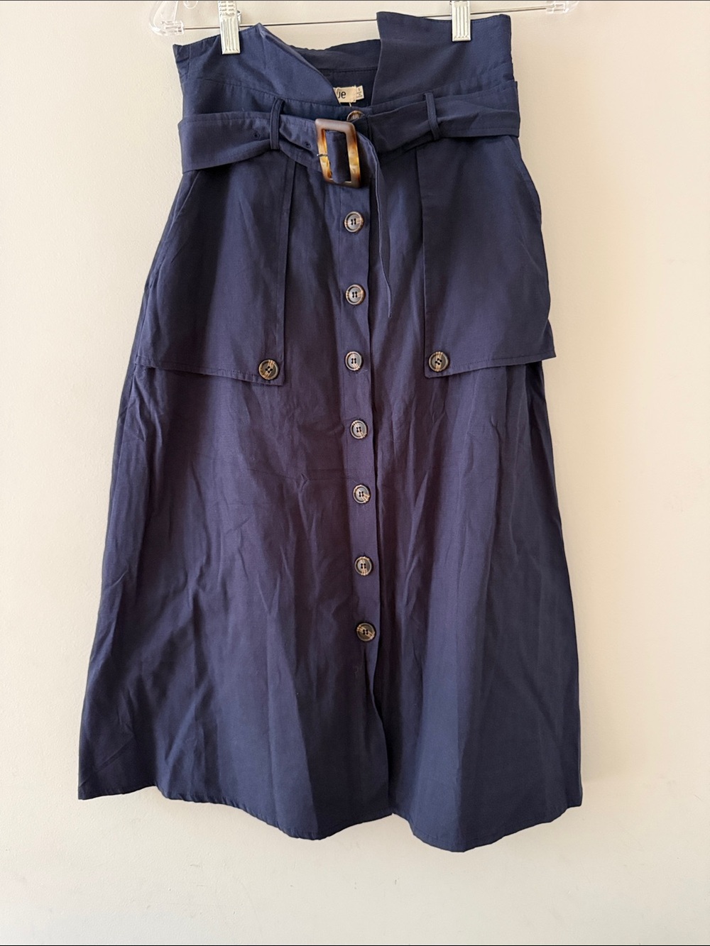 essue Navy Button-Front Paperbag Waist Midi Skirt with Belt